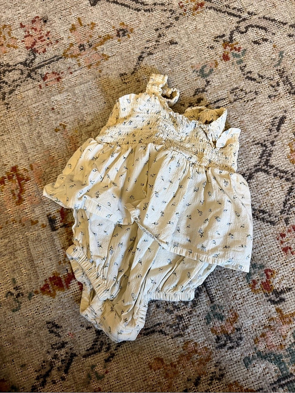 Floral Ruffle Romper Dress in Cream & Blue